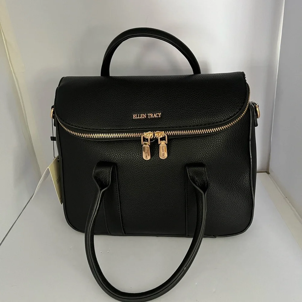Ellen Tracy Black ISLA Pebble Grain Top Handle Satchel Crossbody Bag NWT